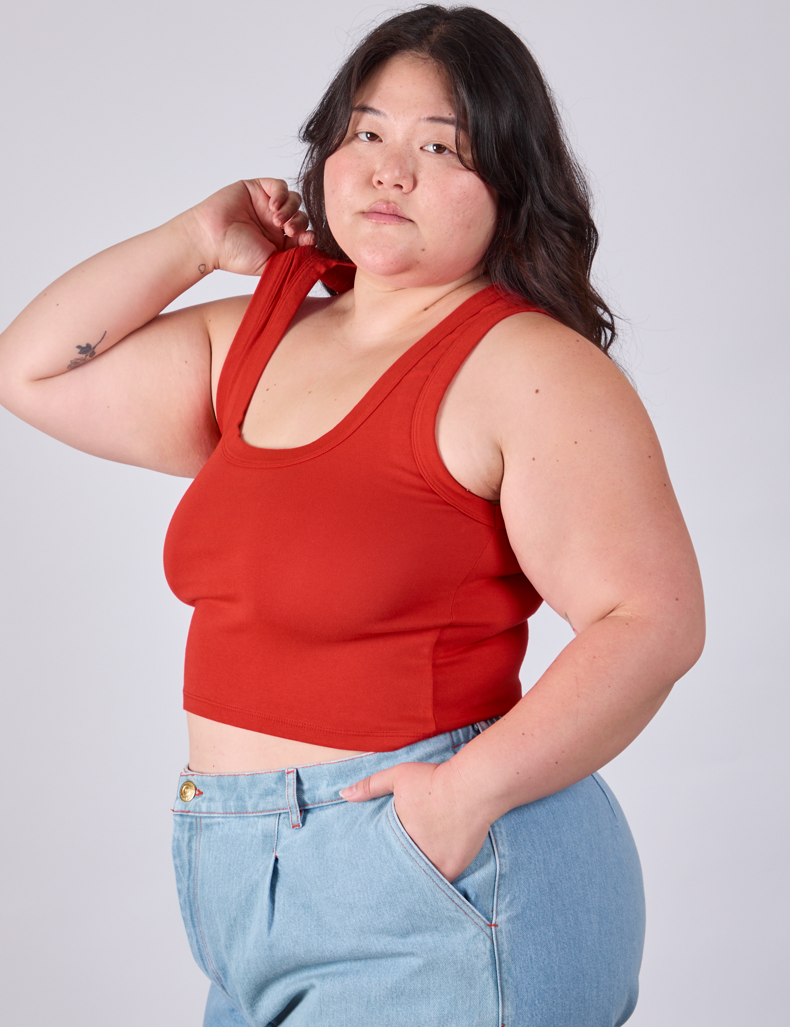 Cropped Tank Top in Mustang Red side view on Ashley