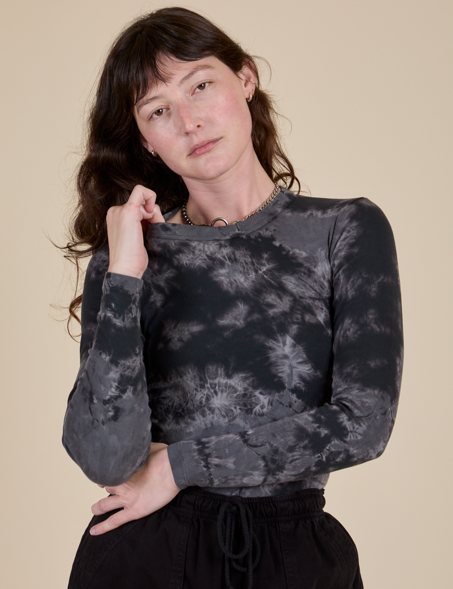 Long Sleeve Baby Tee in Black Magic Waters on Alex