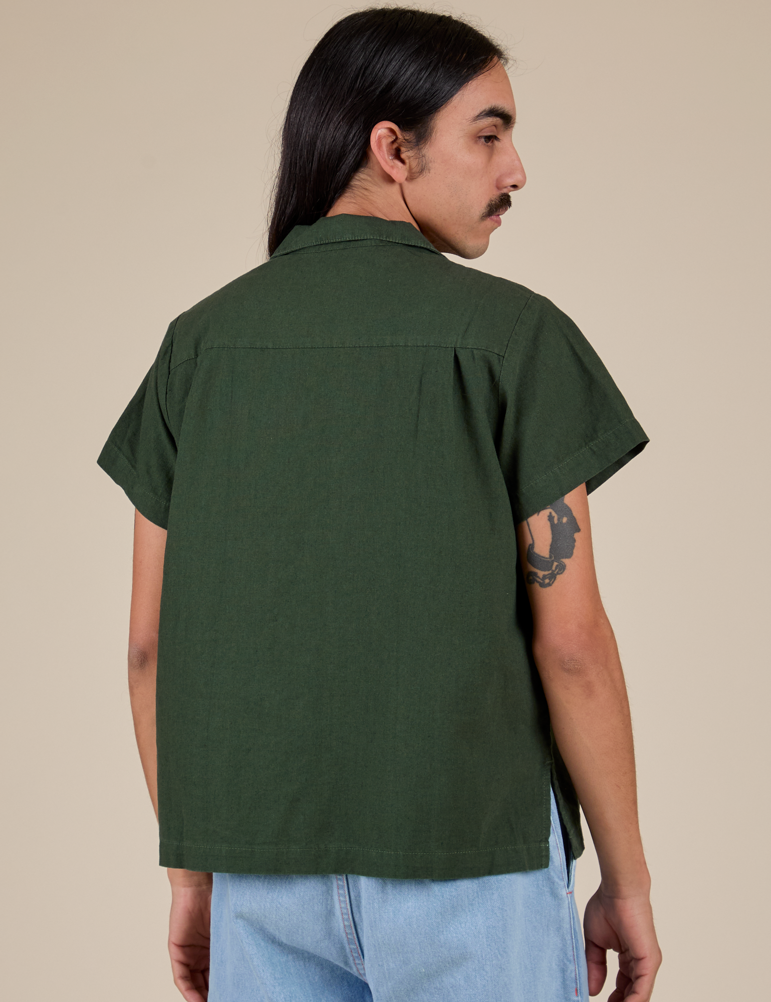 Pantry Button-Up in Swamp Green back view on Anthony