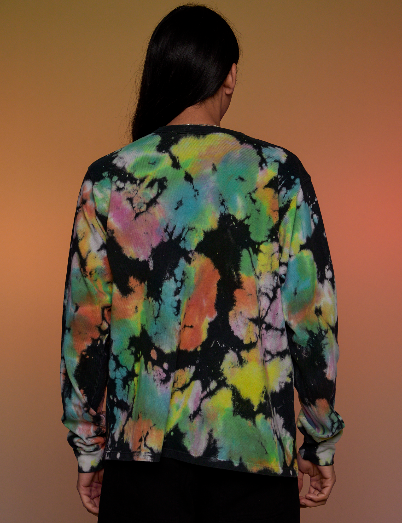 Magic Waters Long Sleeve Burly Tee in Rainbow back view on Anthony