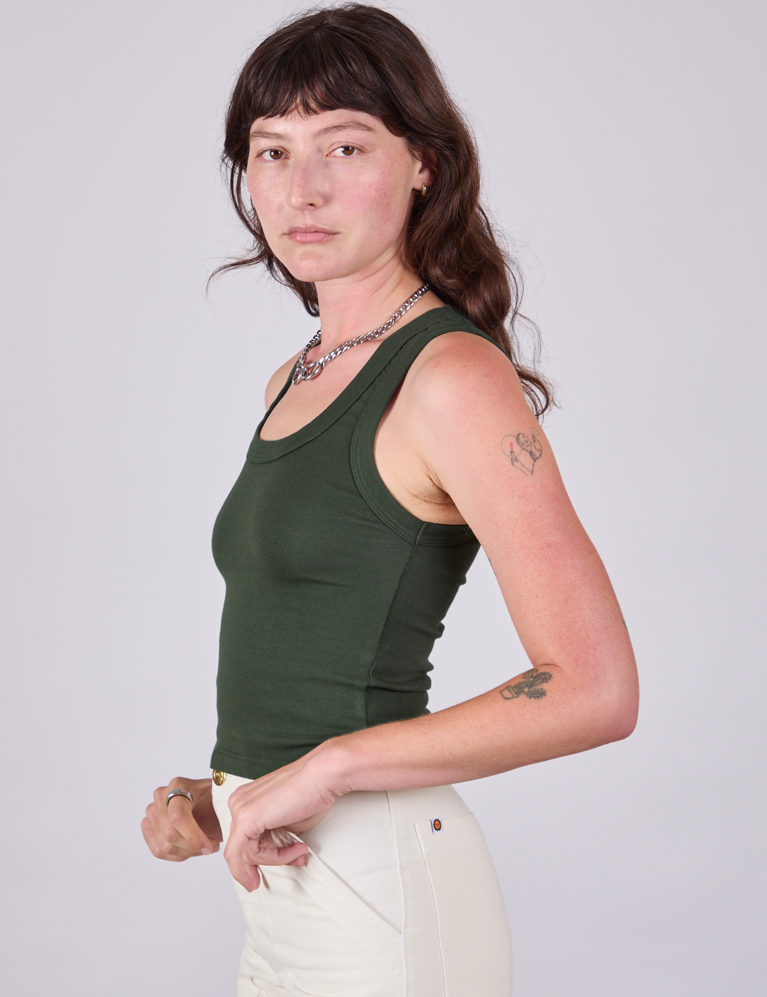 Tank Top in Swamp Green side view on Alex