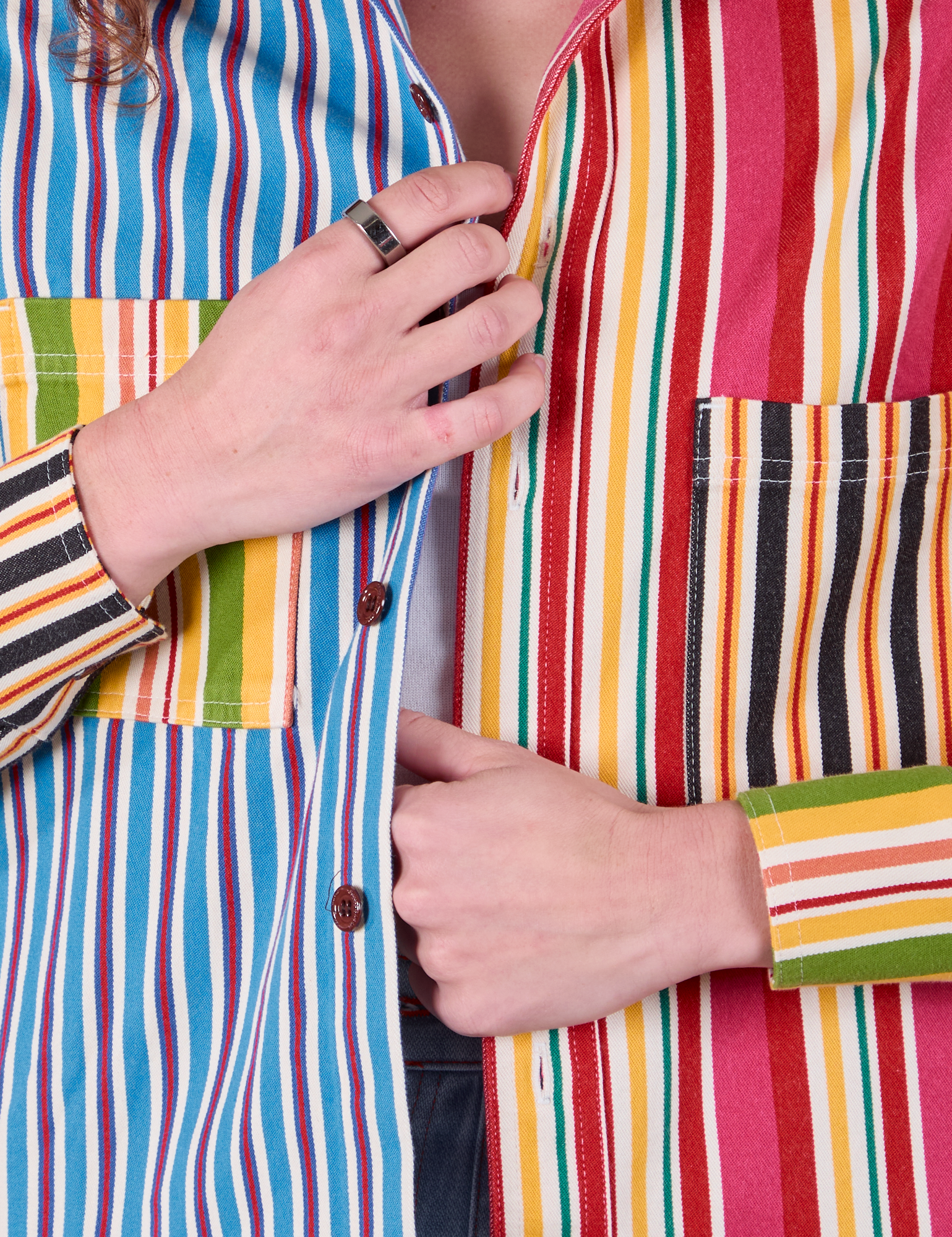 Cropped Overshirt in Mixed Stripe close up on Alex