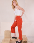 Action Pants in Chili Red side view on Margaret