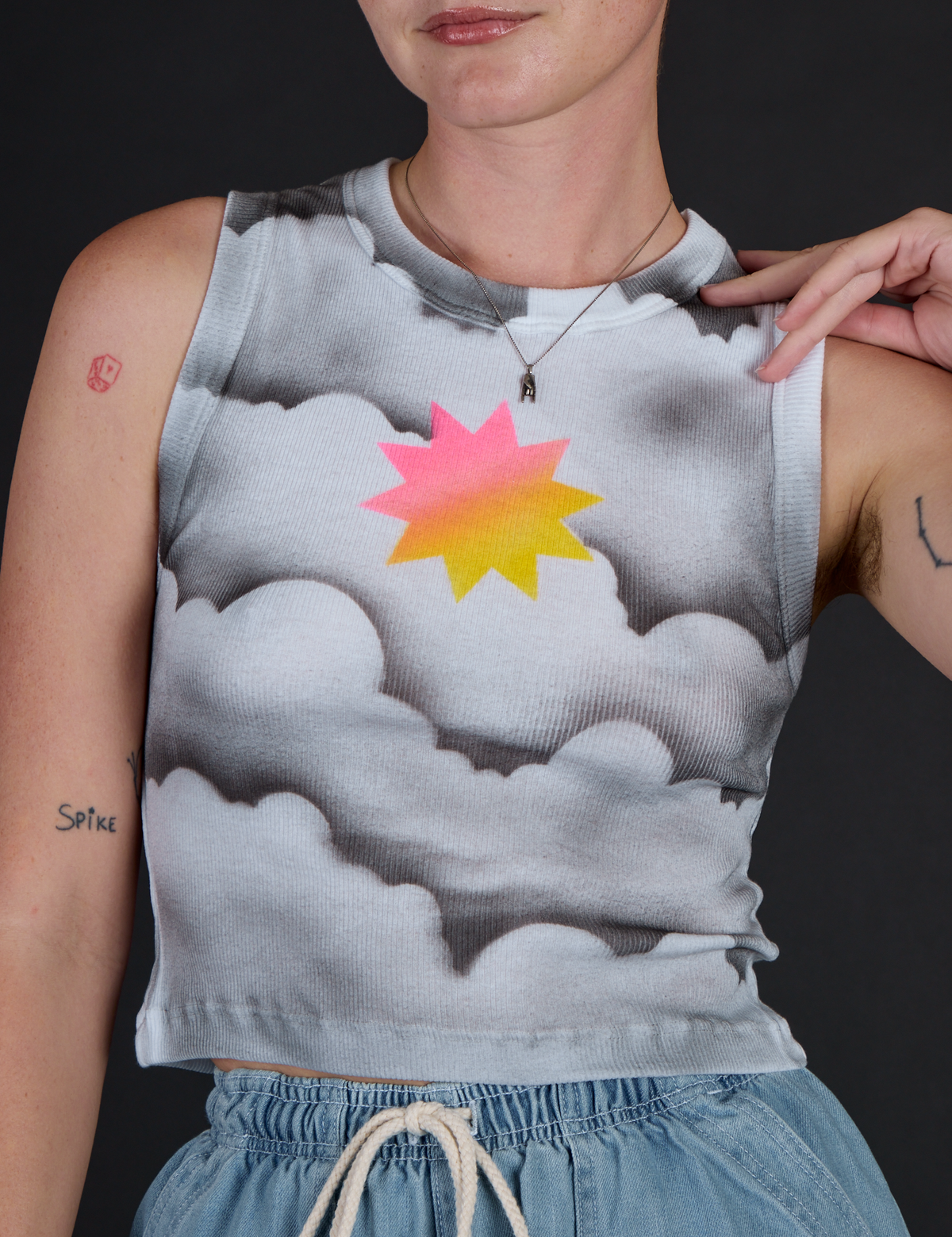 Front close up of the Dark Cloud Airbrush Muscle Tee worn by Alex