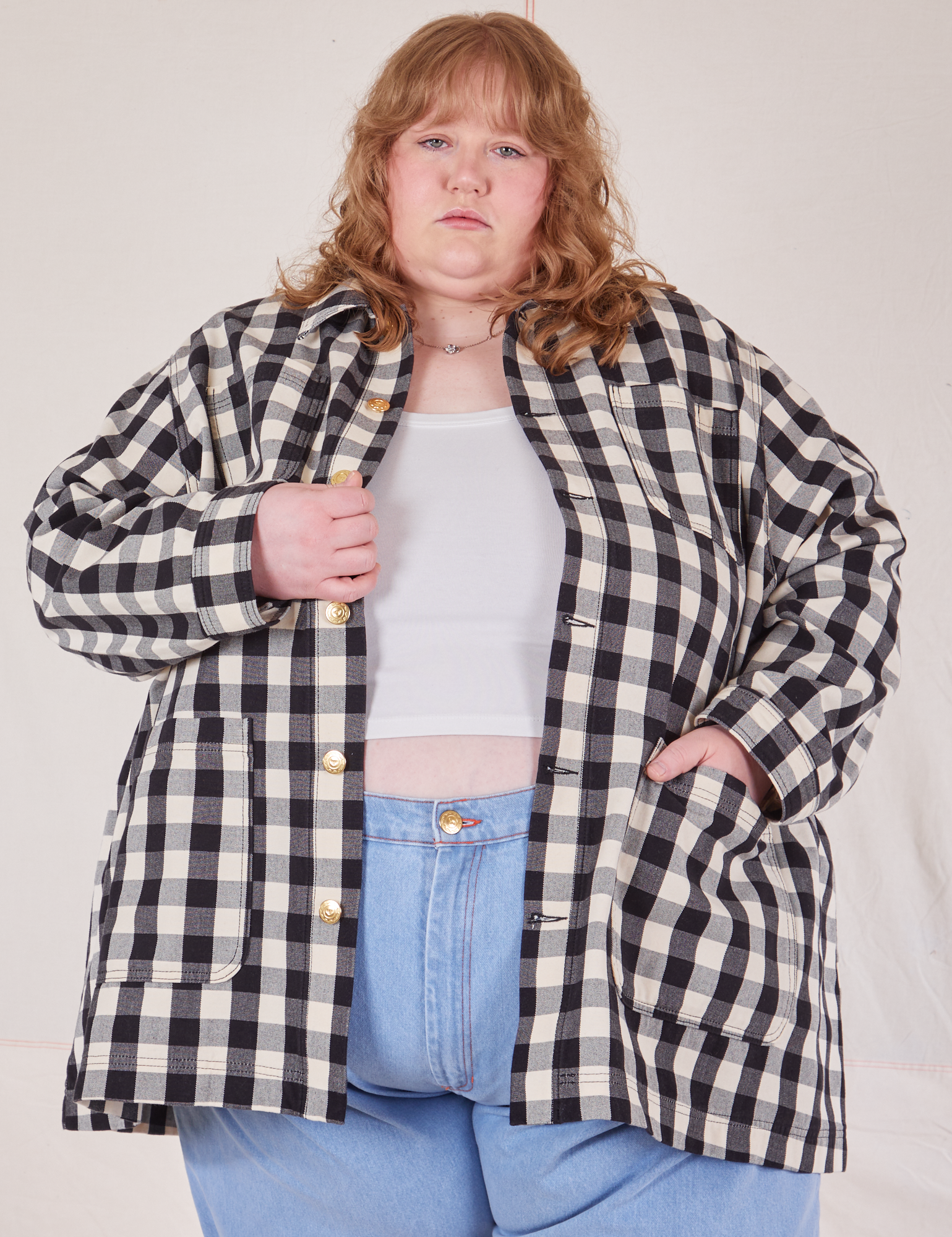 Catie is 5&#39;11&quot; and wearing 5XL Big Gingham Field Coat