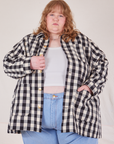 Catie is 5'11" and wearing 5XL Big Gingham Field Coat