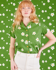 Margaret is 5'11" and wearing P Pantry Button-Up in Bob Baker Flower