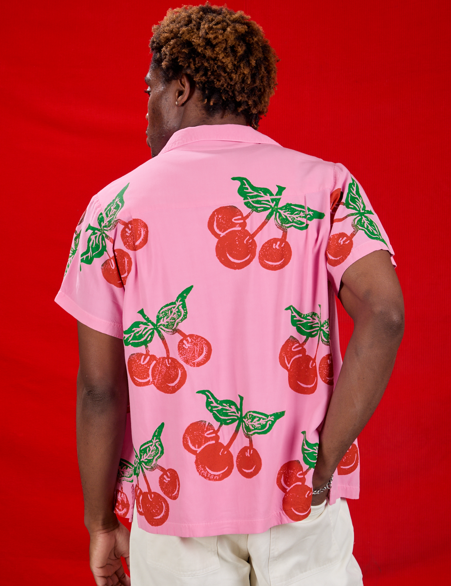 Cherry Pantry Button-Up back view on Isaac