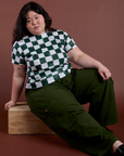 Checker Organic Tee in Swamp Green and evergreen Drop Pocket Cargo Pants on Ashley