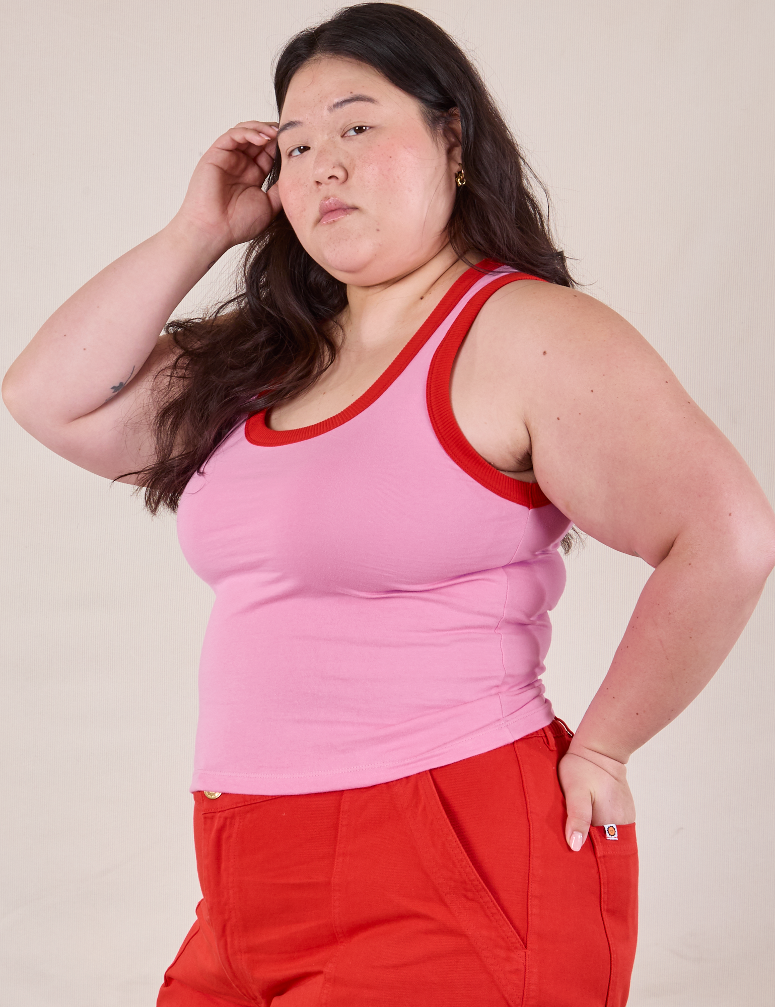 Colorblock Cropped Tank in Bubblegum Pink side view on Ashley