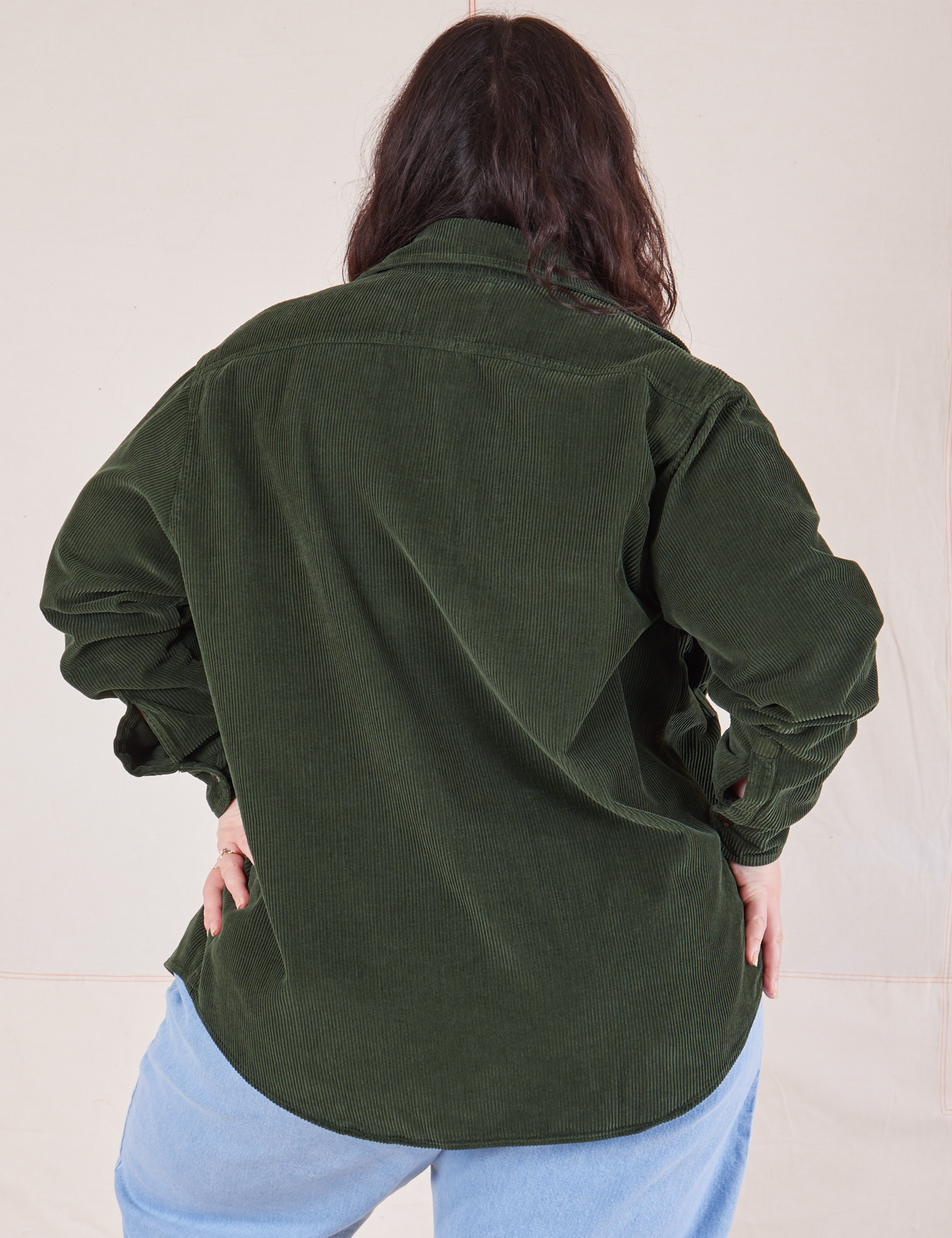 Corduroy Overshirt in Swamp Green back view on Ashley