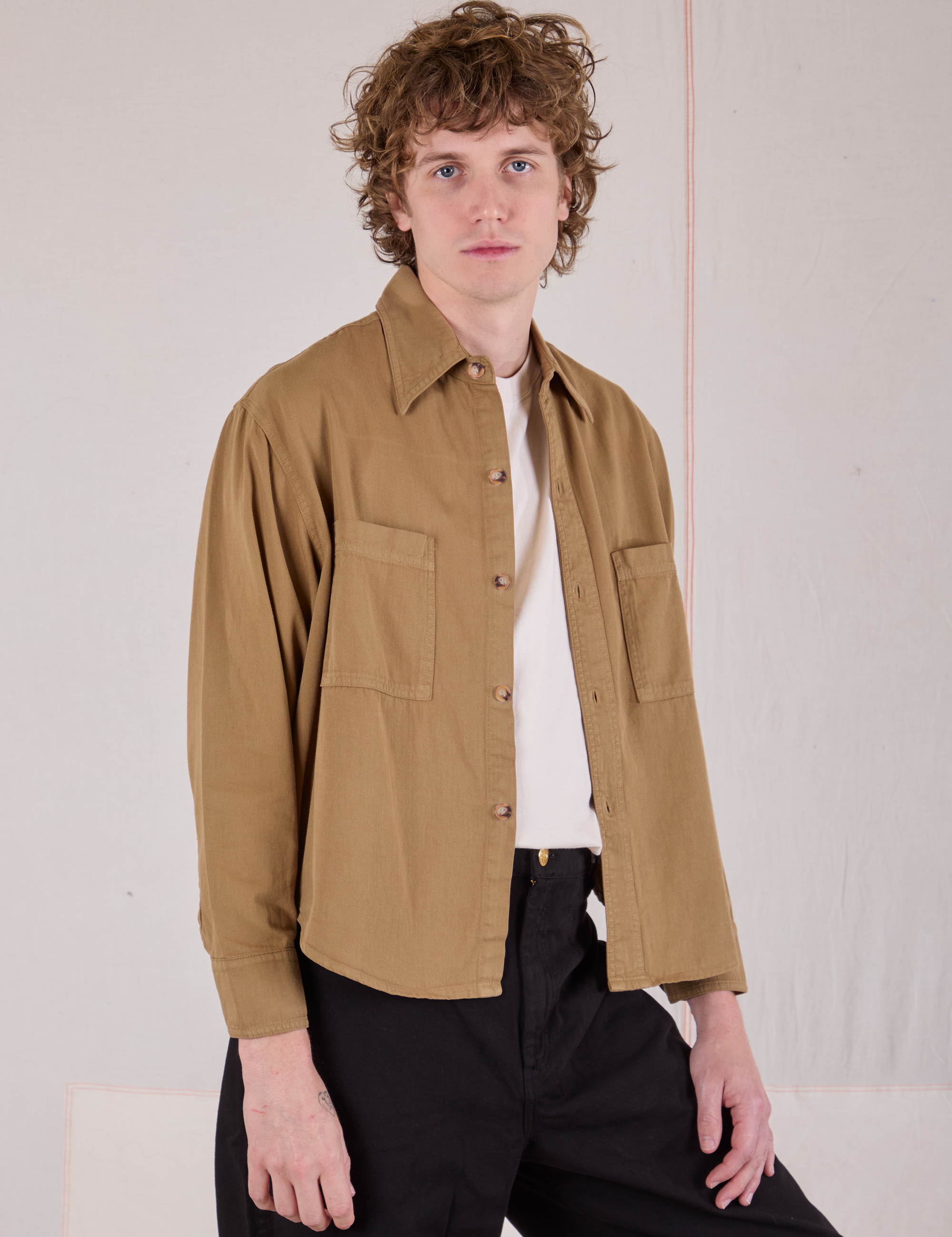 Cropped Overshirt in Desert Brown angled front view on Quinn