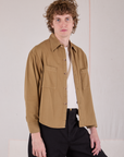 Cropped Overshirt in Desert Brown angled front view on Quinn