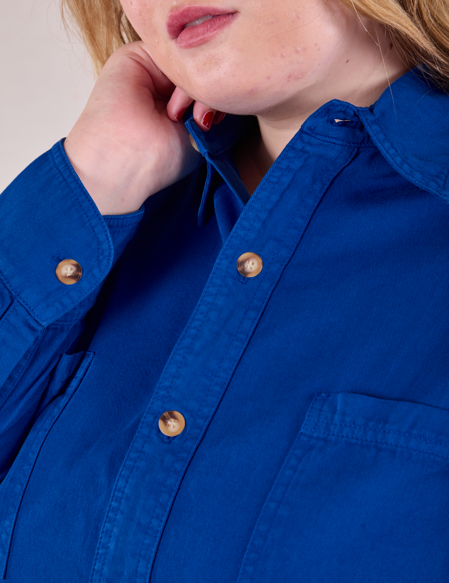 Cropped Overshirt in Royal Blue button placket close up on Juliet