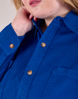 Cropped Overshirt in Royal Blue button placket close up on Juliet