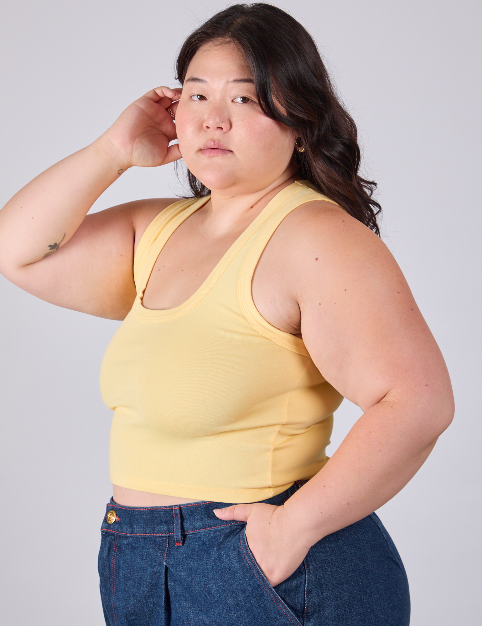 Cropped Tank Top in Butter Yellow side view on Ashley