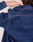 Denim Overshirt in Dark Wash back shoulder close up on Alex