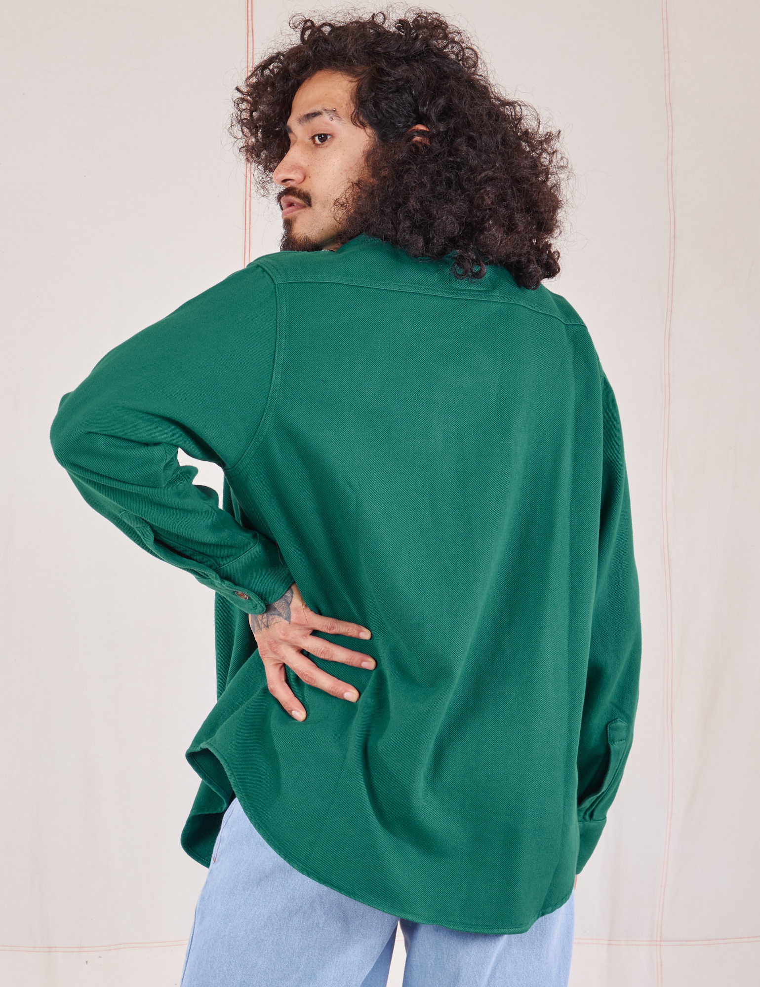 Back view of Flannel Overshirt in Hunter Green on Jesse