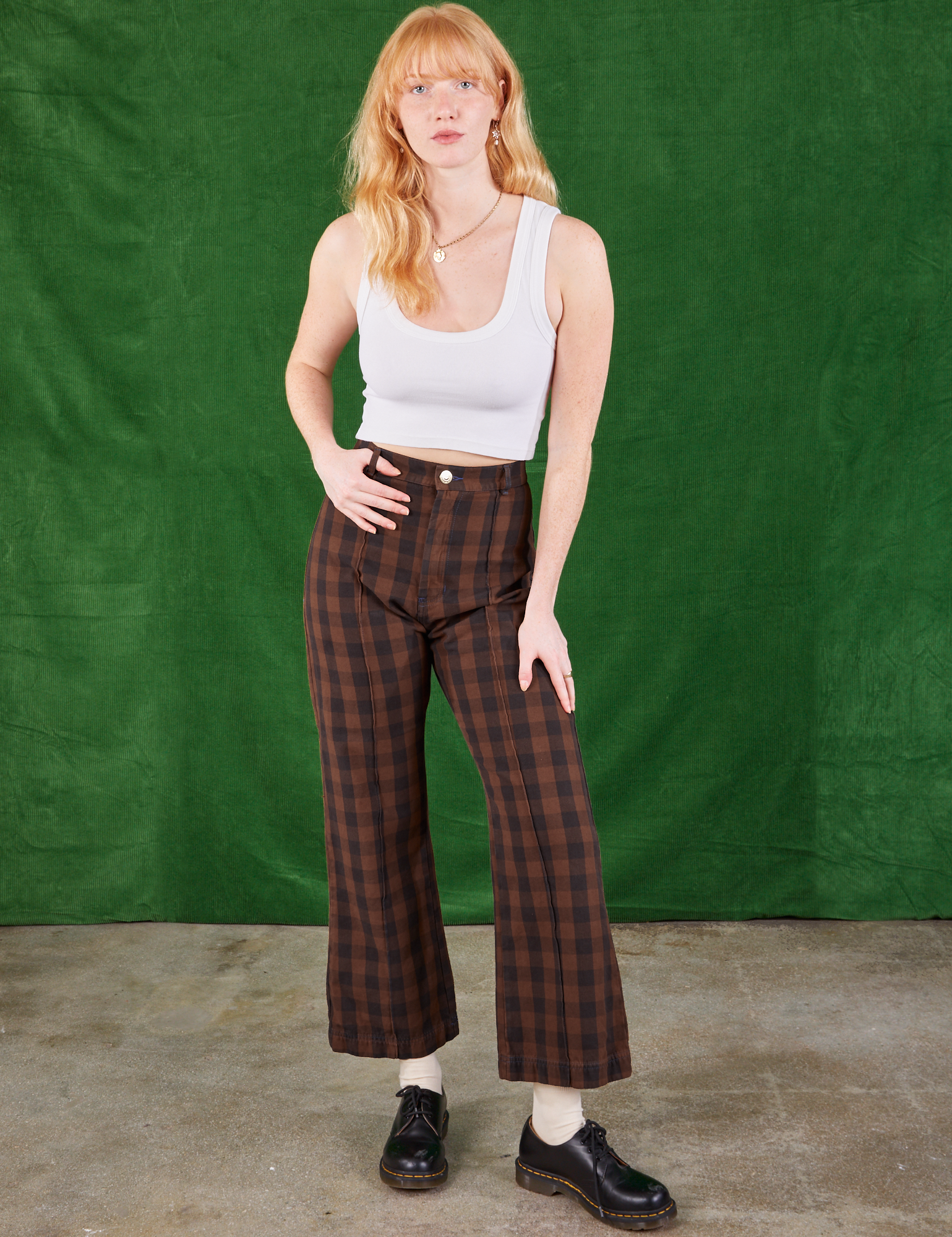 Margaret is 5&#39;11&quot; and wearing XS Gingham Western Pants in Fudge Brown paired with a Cropped Tank in vintage tee off-white
