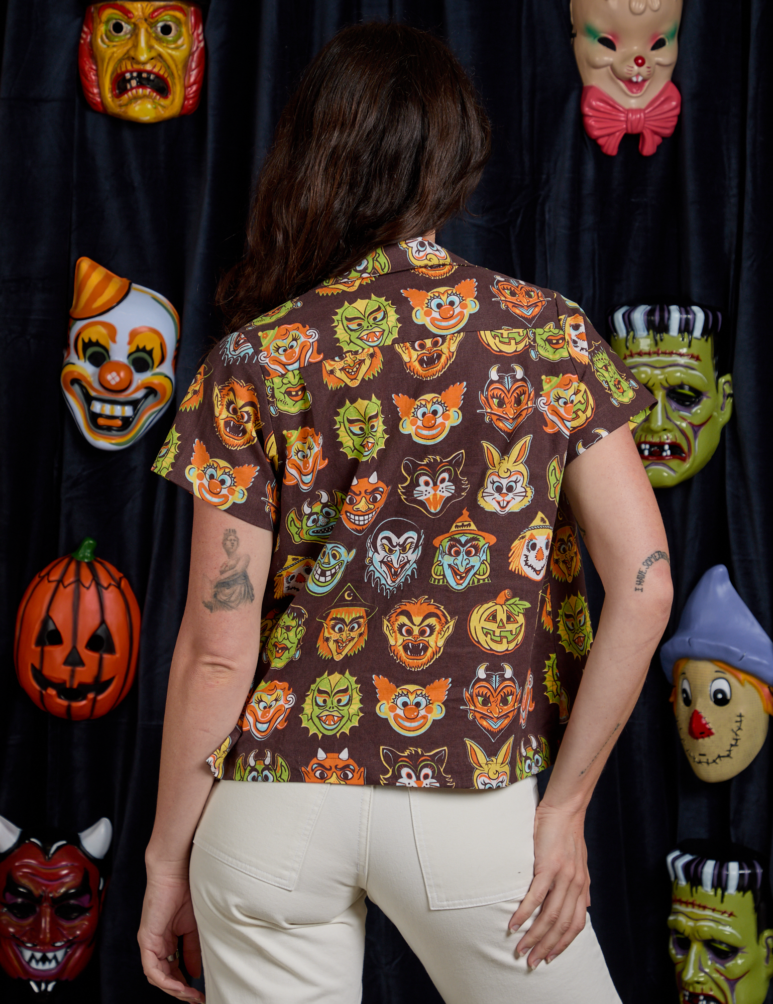 Halloween Masks Pantry Button-Up back view on Alex