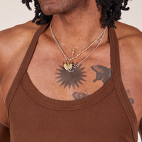 Front close up of Halter Top in Fudgesicle Brown worn by Jerrod