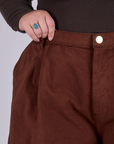 Pleated Trouser Shorts in Fudgesicle Brown front close up on Juliet