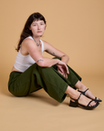 Heritage Wide Leg Trousers in Evergreen worn by Alex