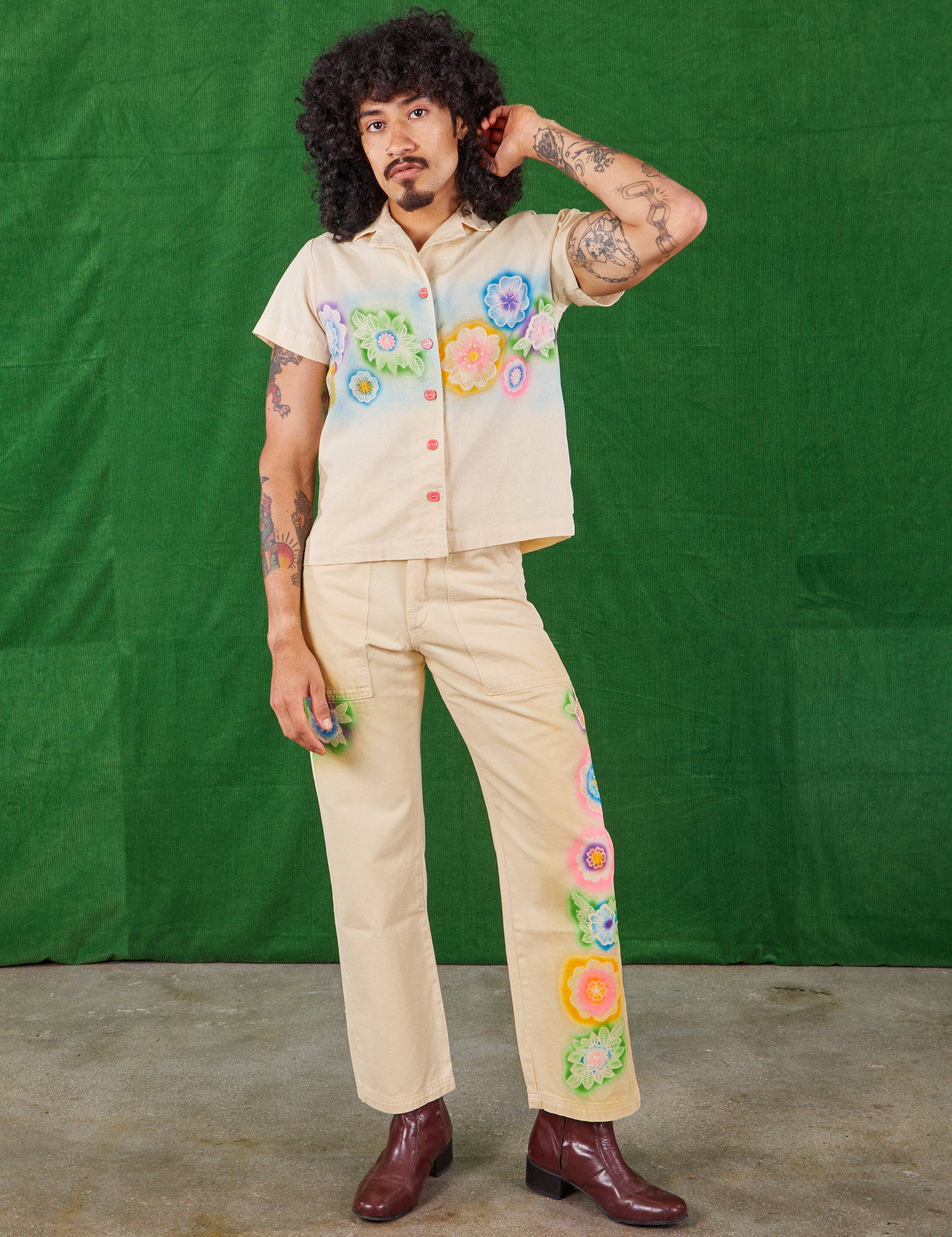 Jesse is wearing Pantry Button-Up in Lace Airbrush and matching Work Pants