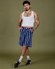 Jesse is 5’8” and wearing S Longline Work Shorts in Cornflower paired with vintage tee white Croppedd Tank