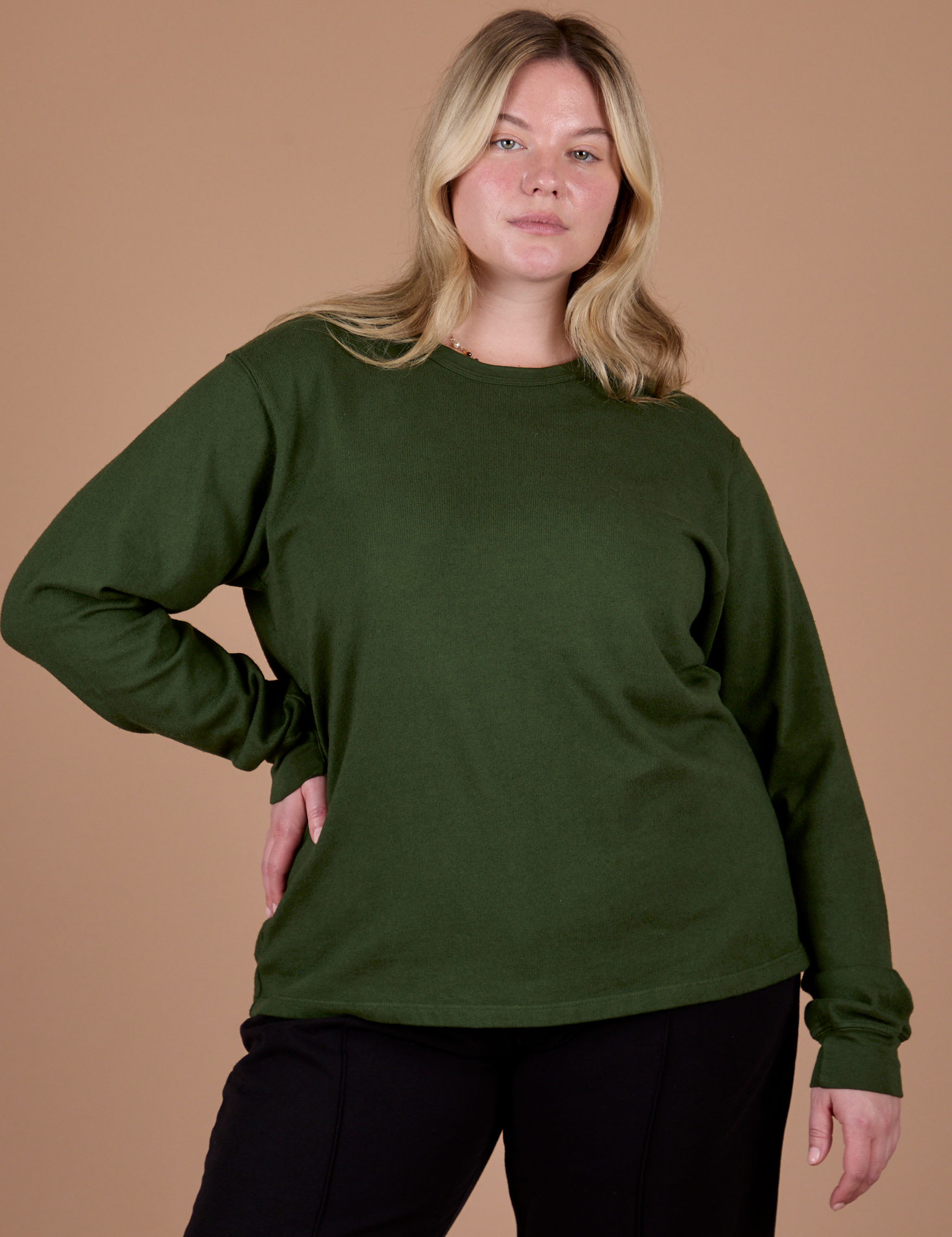 Lish is 5’8” and wearing S Long Sleeve Burly Tee in Evergreen
