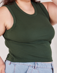 Muscle Tee in Swamp Green close up on Ashley