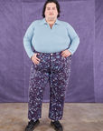 Sam is 5'10" and wearing 3XL Marble Splatter Work Pants in Nebula Purple paired with baby blue Long Sleeve Fisherman Polo
