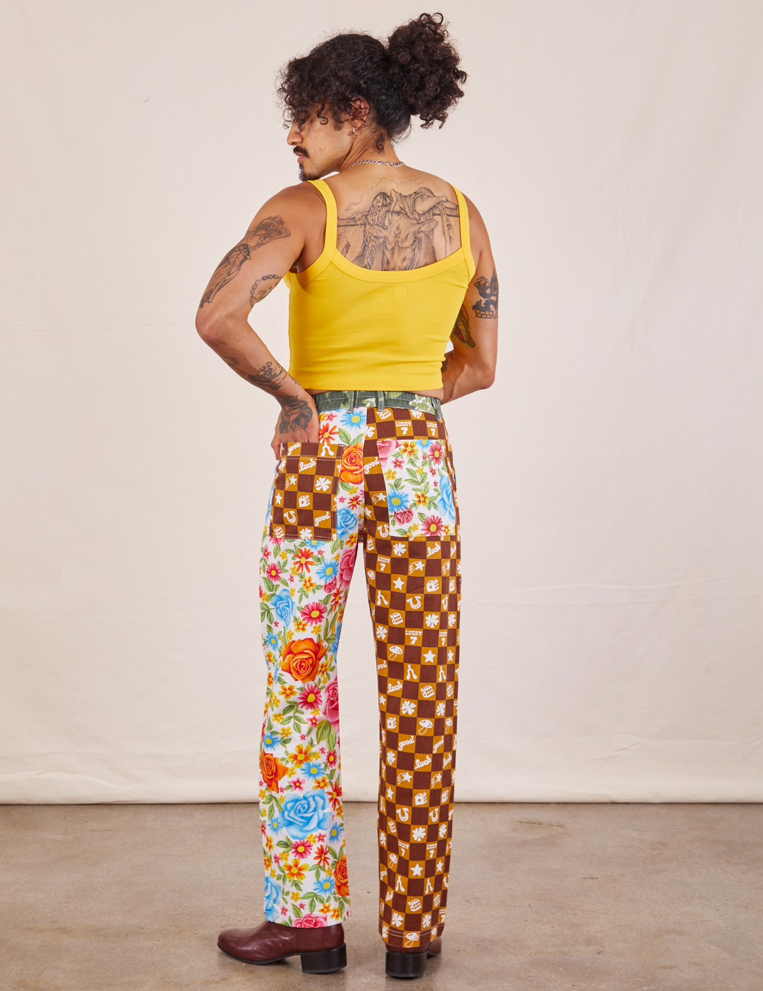 Back view of Mismatched Print Work Pants and sunshine yellow Cropped Cami