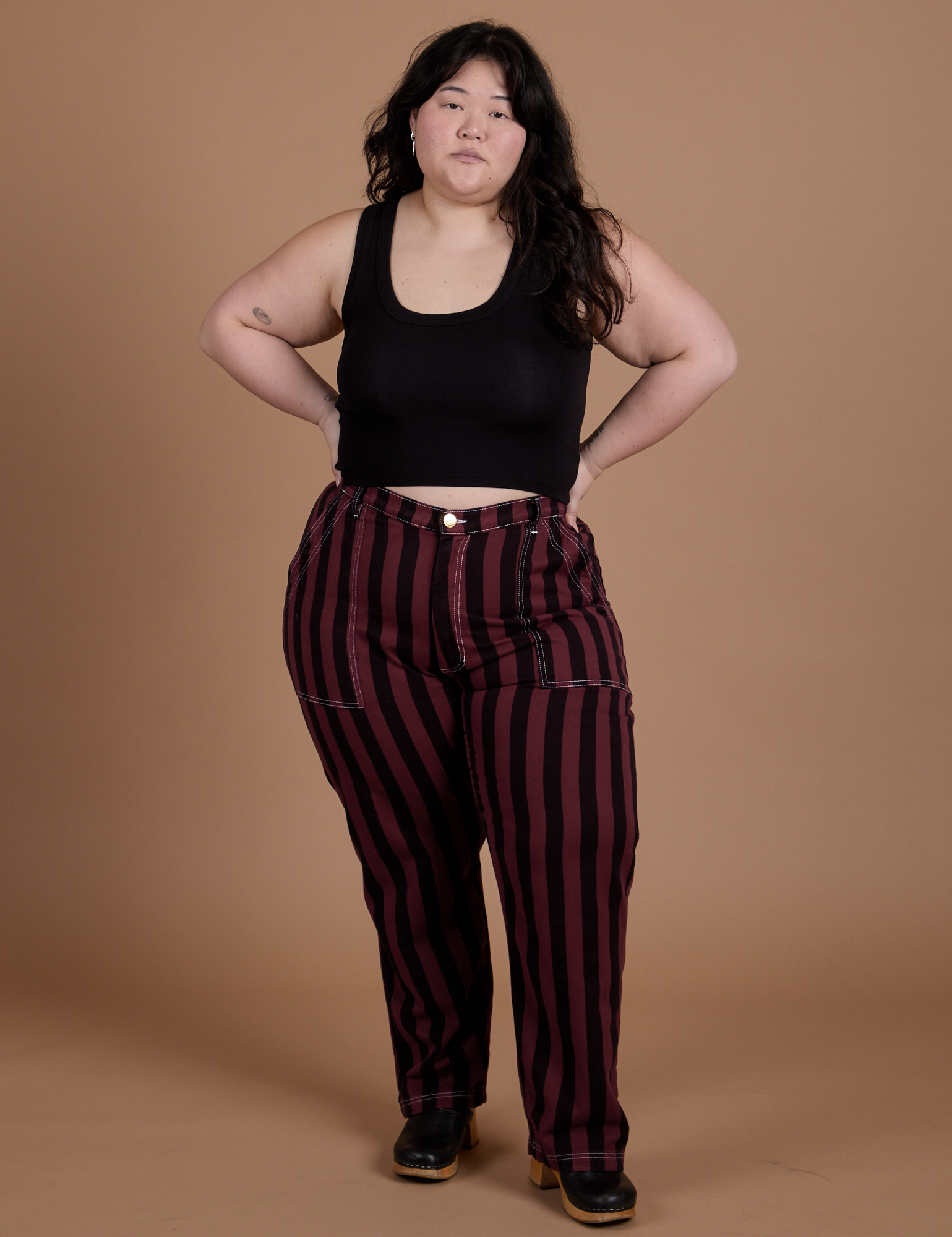 Black Stripe Work Pants - Red Wine