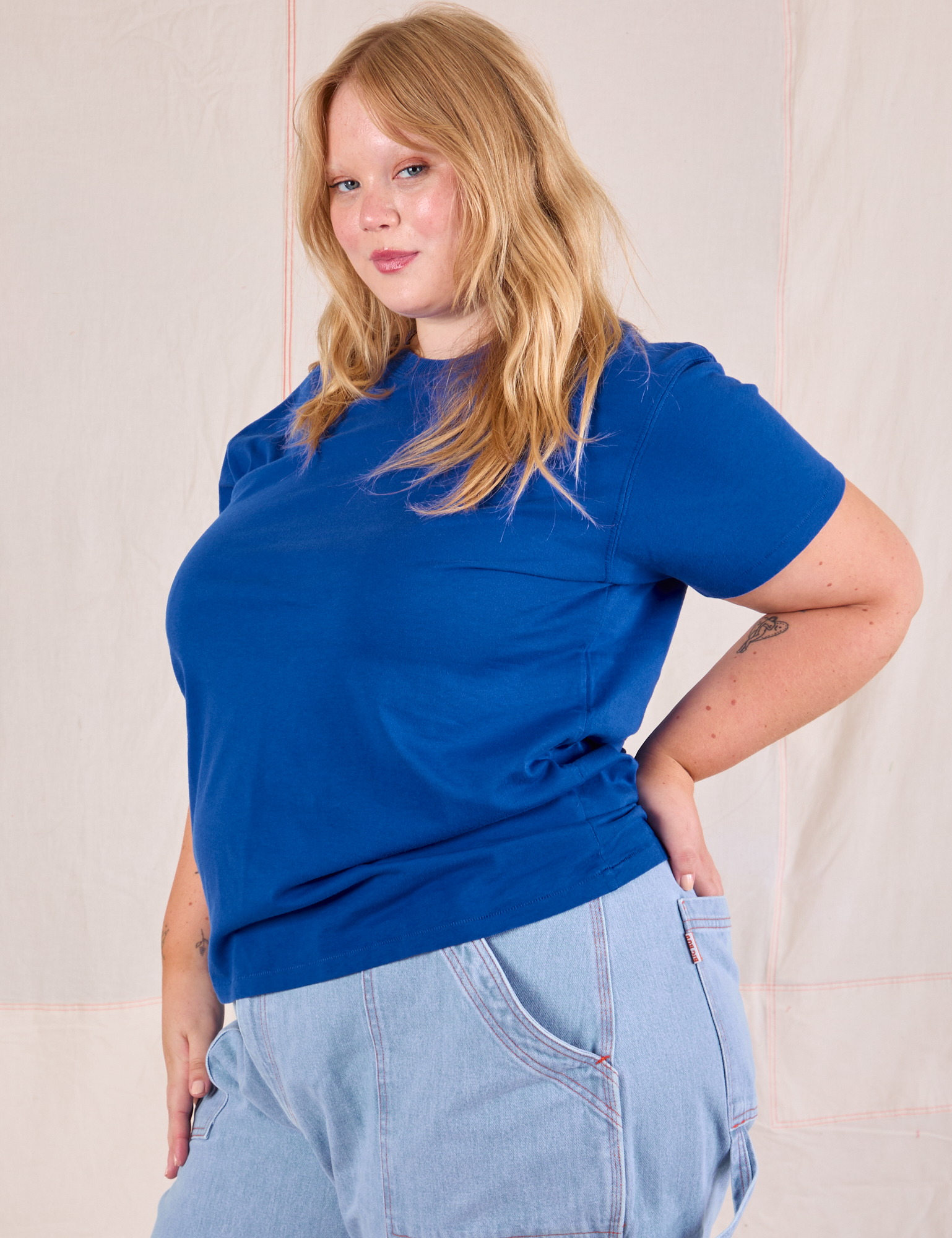 Organic Vintage Tee in Royal Blue angled front view on Juliet