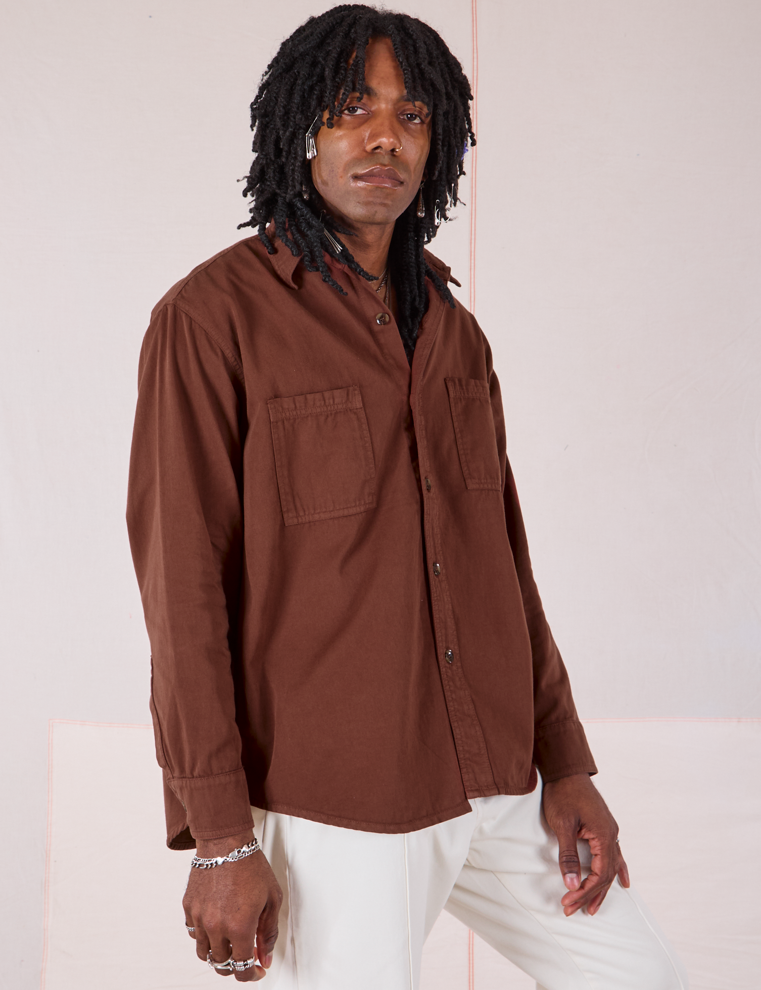 Twill Overshirt in Fudgesicle Brown angled front view on Jerrod