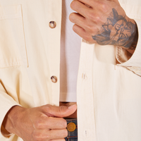Front close up of Oversize Overshirt in Vintage Off-White worn by Jesse