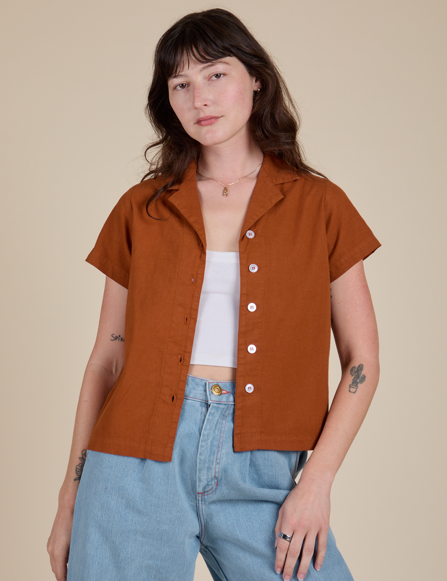 Pantry Button-Up in Burnt Terracotta worn by Alex
