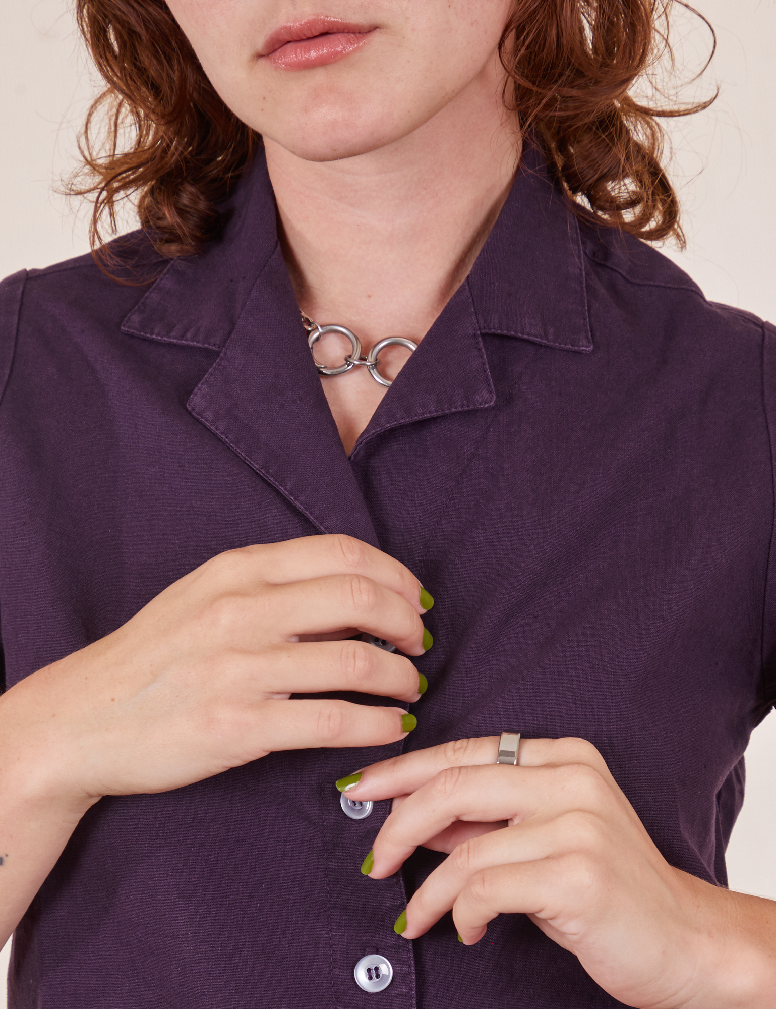 Front close up of Pantry Button-Up in Nebula Purple worn by Alex