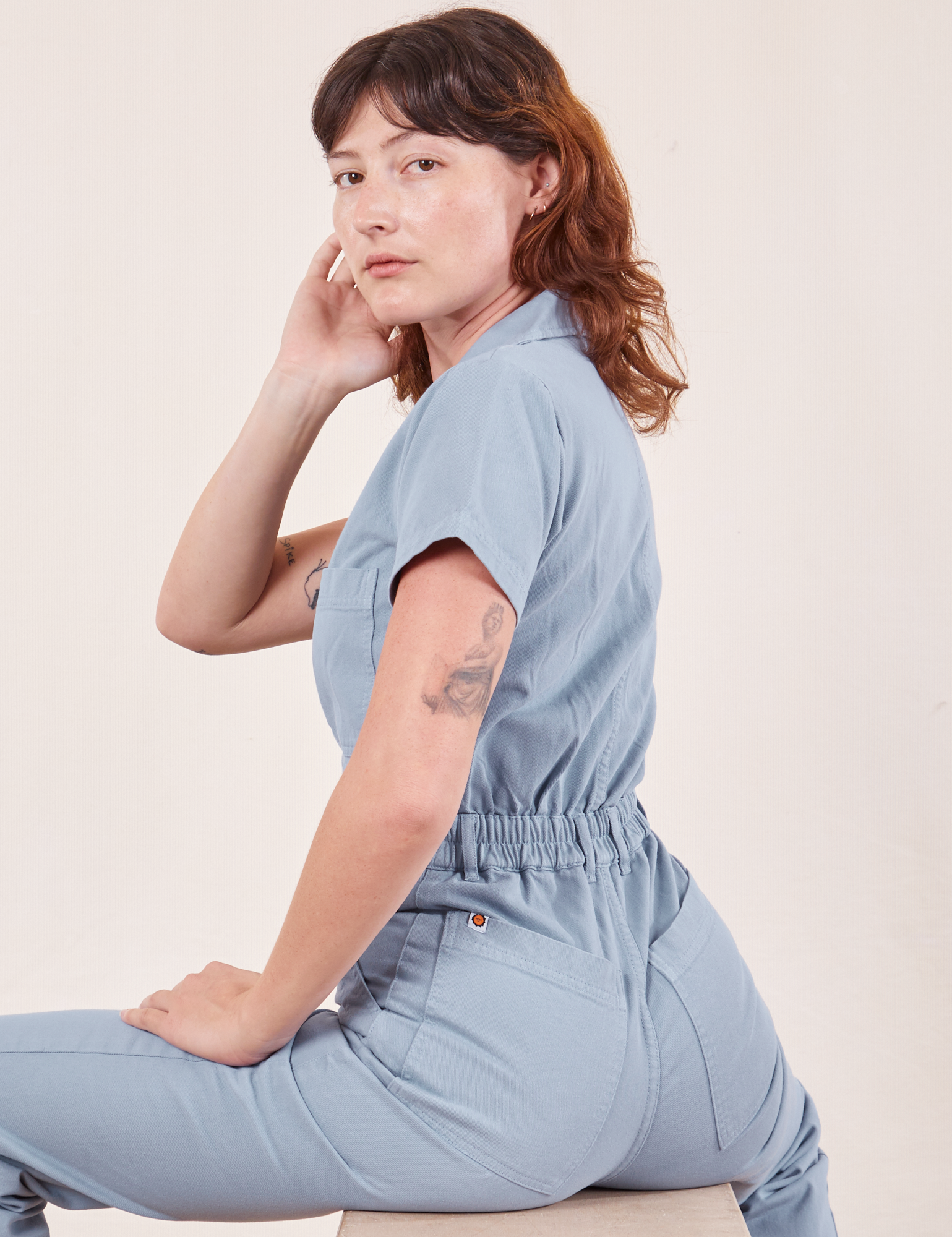 Back view of Short Sleeve Jumpsuit in Periwinkle on Alex