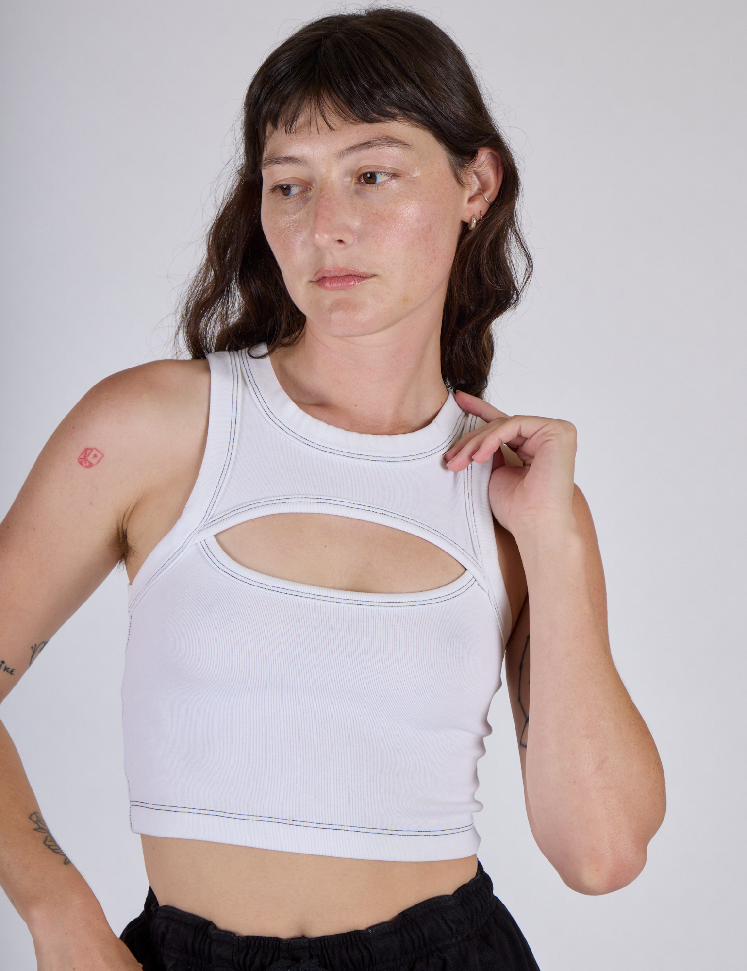 Alex is 5’8” and wearing P Porthole Tank in White