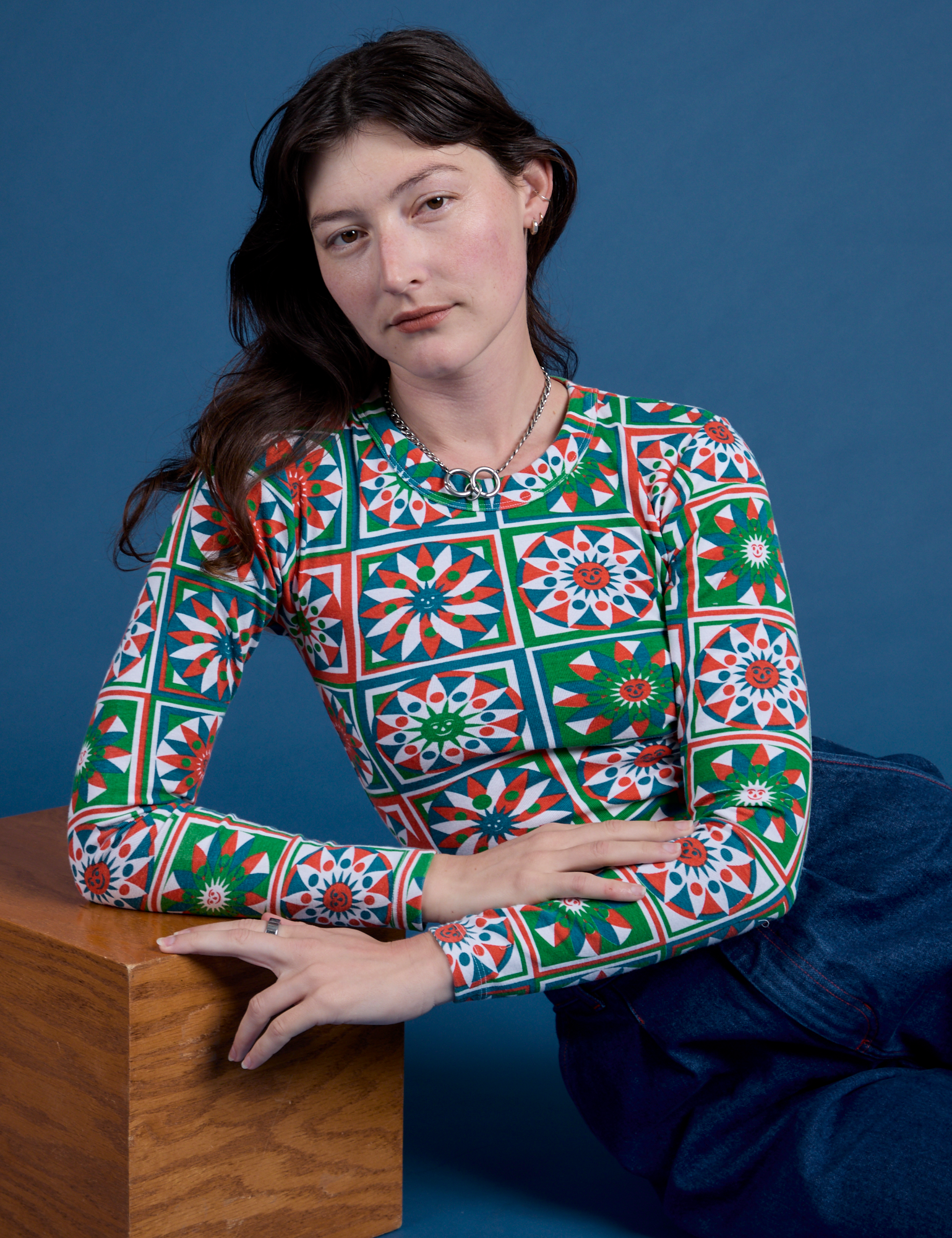 Long Sleeve Baby Tee in Quilt Print worn by Alex