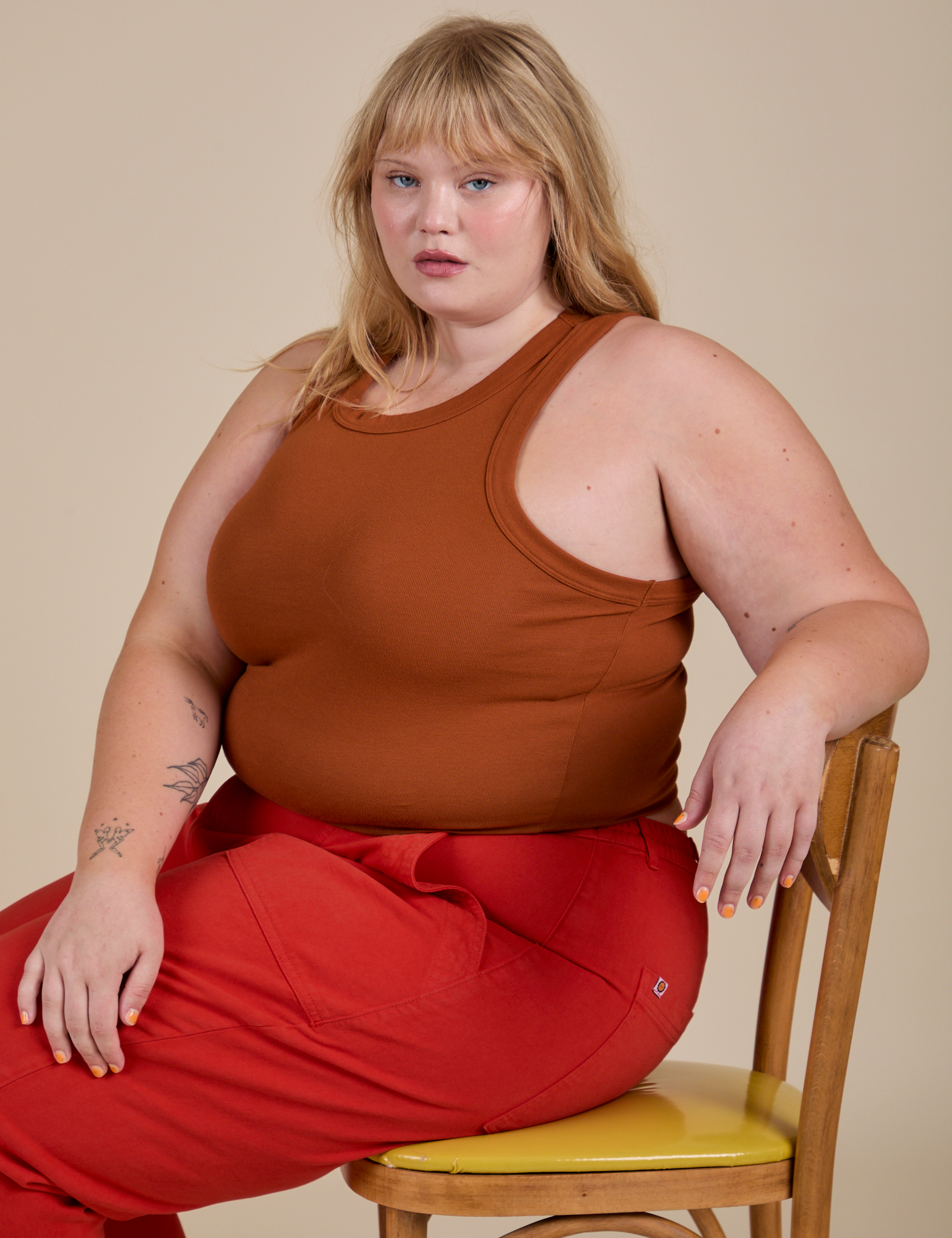 Racerback Tank in Burnt Terracotta worn by Juliet