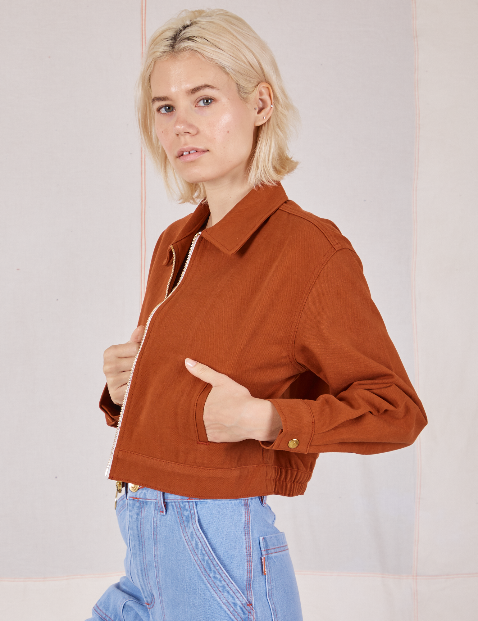 Ricky Jacket in Burnt Terracotta side view on Madeline