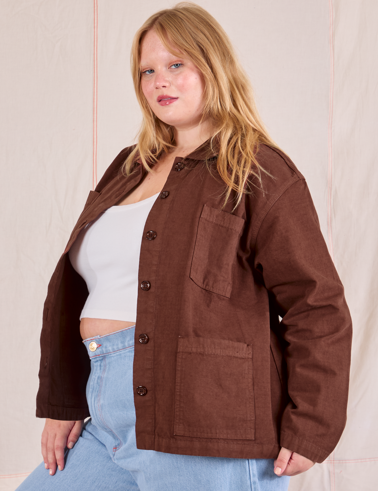 Ripstop Work Jacket in Fudgesicle Brown angled front view on Juliet