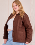 Ripstop Work Jacket in Fudgesicle Brown angled front view on Juliet