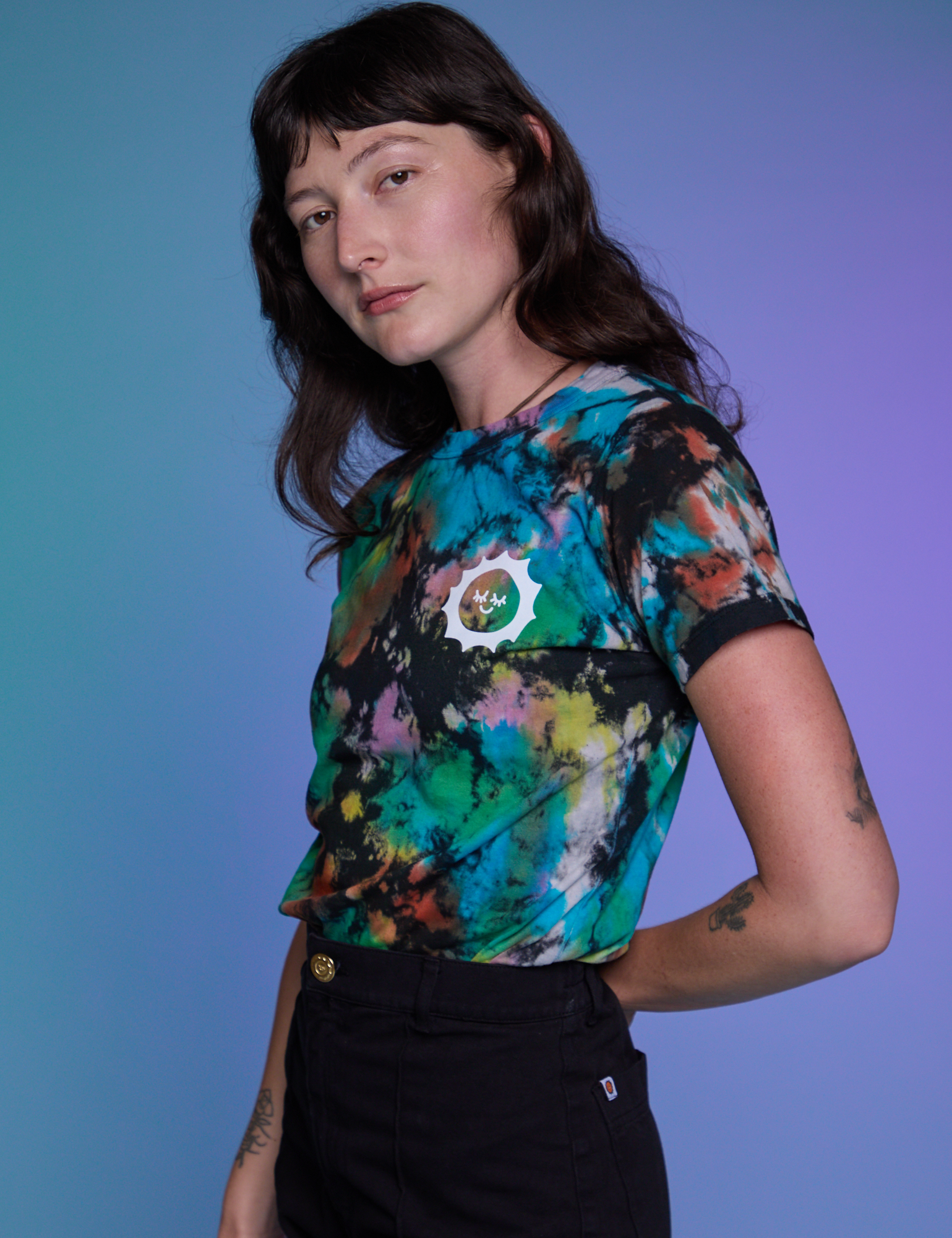 Classic Tee in Rainbow Magic Waters side view on Alex