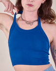 Halter Top in Royal Blue front close up on Alex