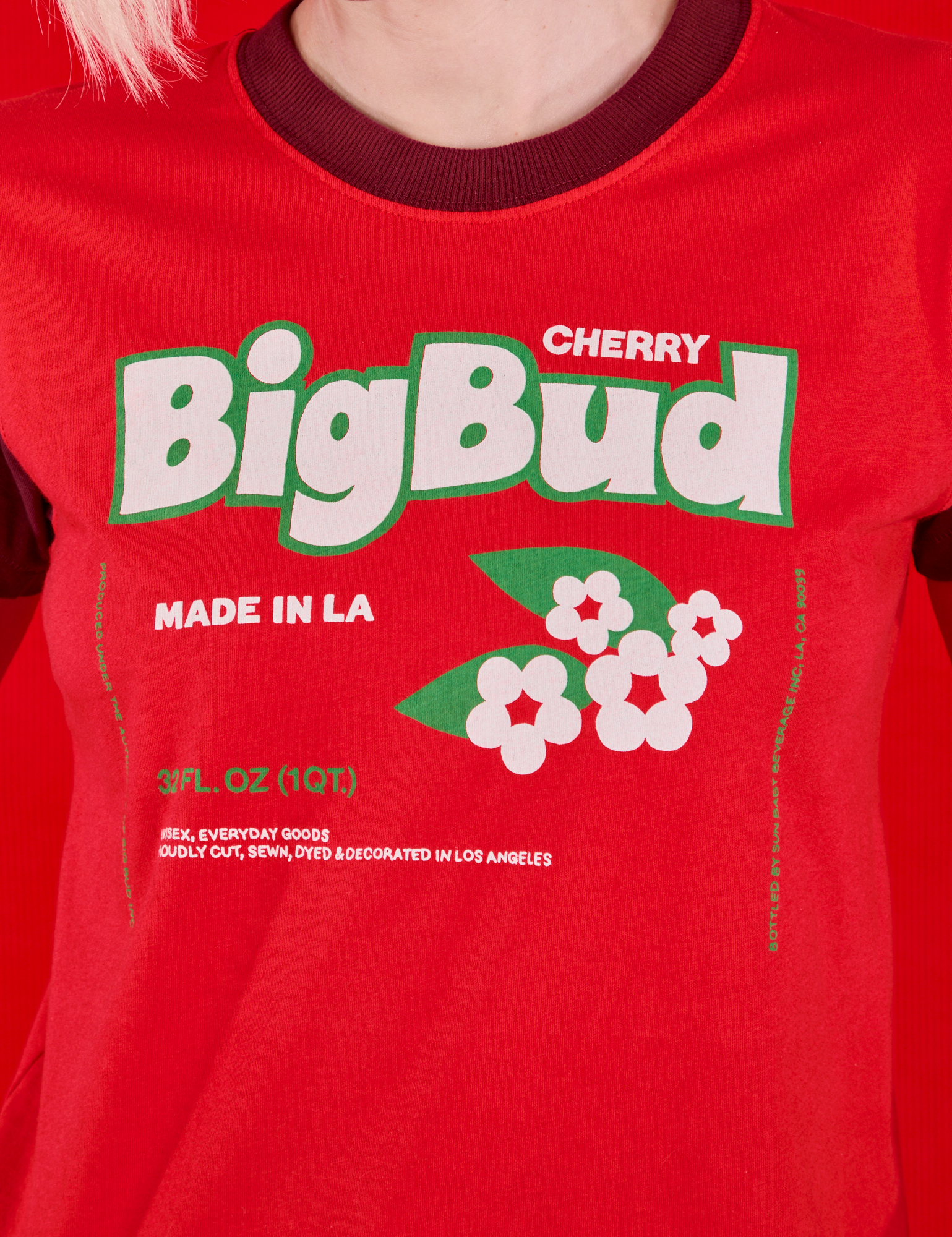 Vintage Tee in Cherry Soda front close up on Madeline