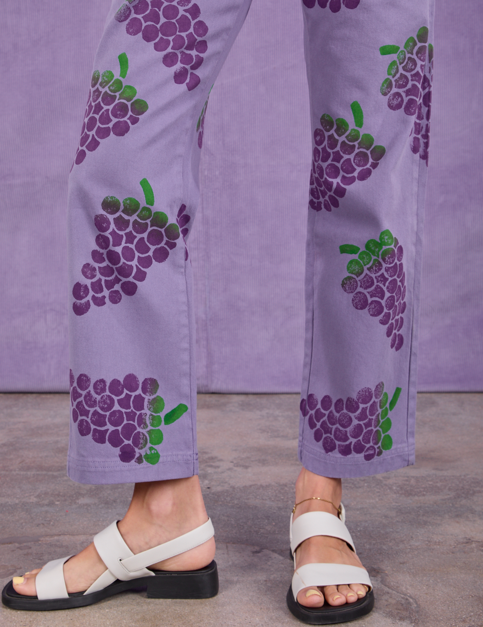 Paintstamped Work Pants in Grape pant leg close up on Madeline